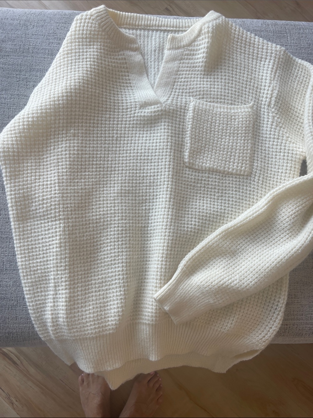 Amazon Women's Cream V-Neck Waffle-Knit Sweater with Pocket